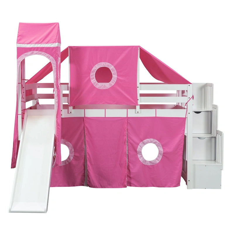 Cama alta de pino de tamaño Twin con escalera, tobogán, tienda, torre y barandilla