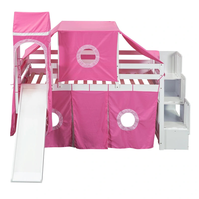 Cama alta de pino de tamaño Twin con escalera, tobogán, tienda, torre y barandilla
