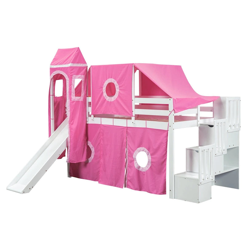 Cama alta de pino de tamaño Twin con escalera, tobogán, tienda, torre y barandilla