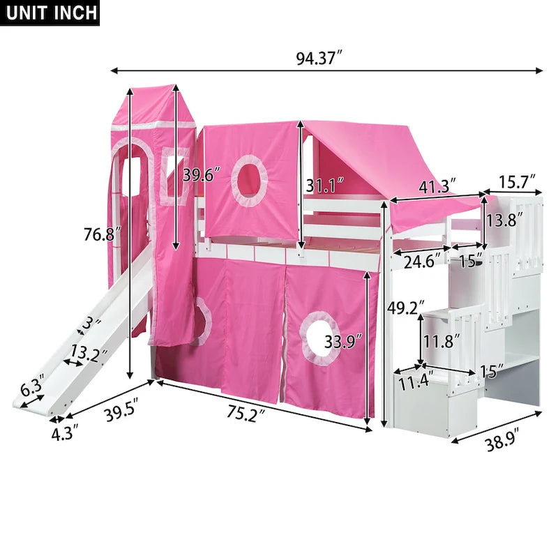 Cama alta de pino de tamaño Twin con escalera, tobogán, tienda, torre y barandilla