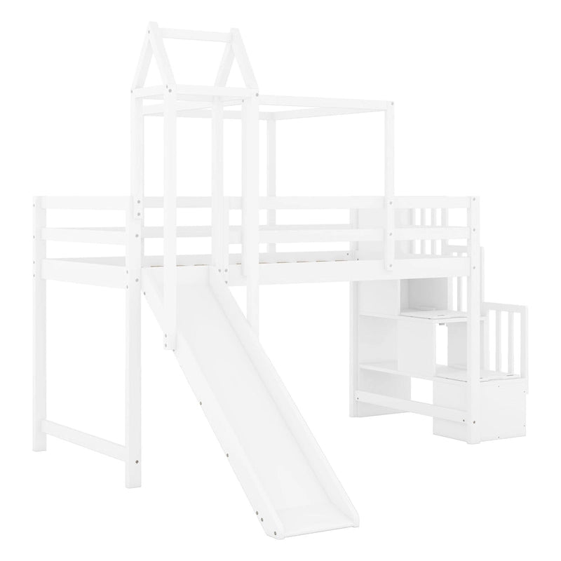 Cama alta de pino de tamaño Twin con escalera, tobogán, tienda, torre y barandilla
