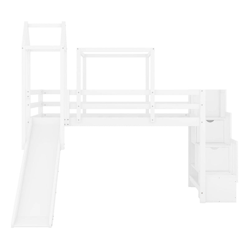 Cama alta de pino de tamaño Twin con escalera, tobogán, tienda, torre y barandilla