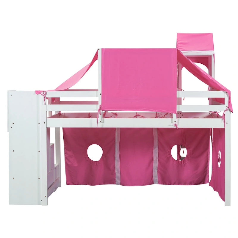 Cama alta de pino de tamaño Twin con escalera, tobogán, tienda, torre y barandilla