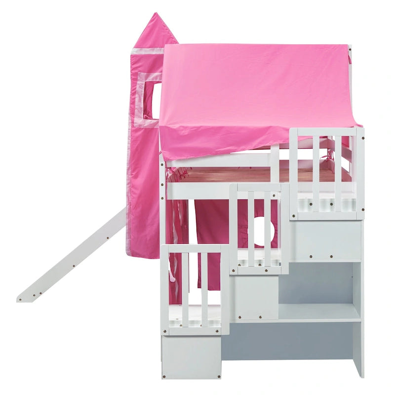 Cama alta de pino de tamaño Twin con escalera, tobogán, tienda, torre y barandilla