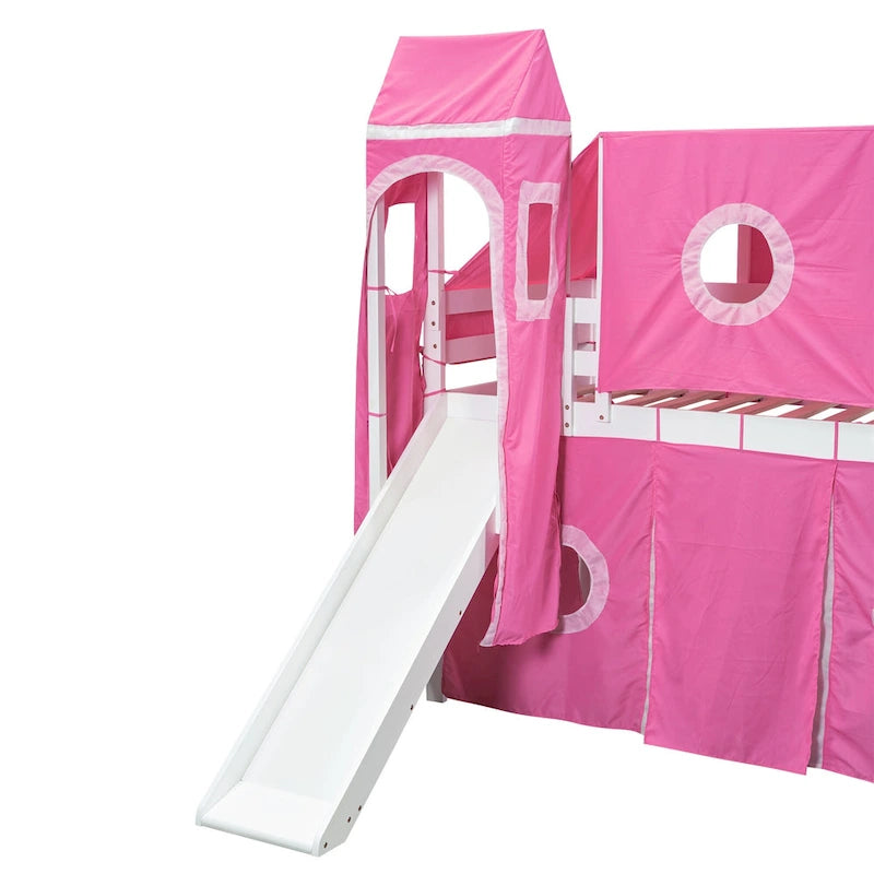 Cama alta de pino de tamaño Twin con escalera, tobogán, tienda, torre y barandilla