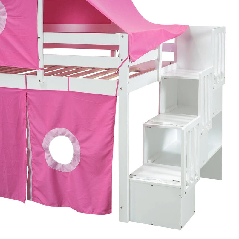 Cama alta de pino de tamaño Twin con escalera, tobogán, tienda, torre y barandilla