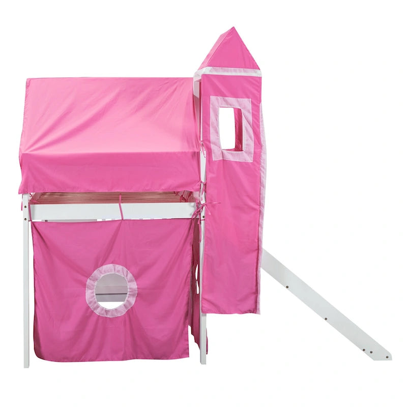 Cama alta de pino de tamaño Twin con escalera, tobogán, tienda, torre y barandilla