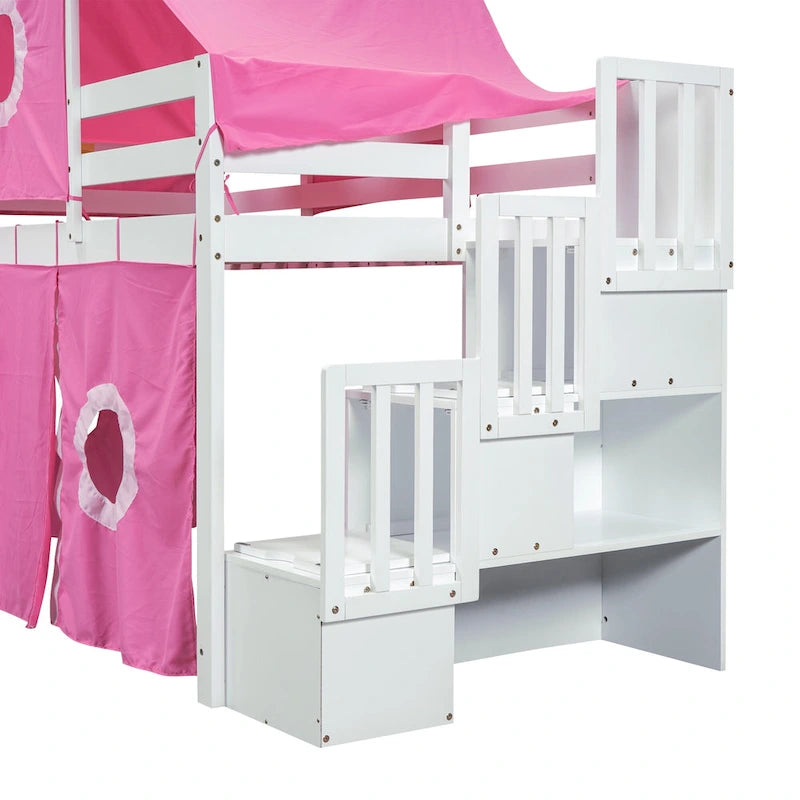 Cama alta de pino de tamaño Twin con escalera, tobogán, tienda, torre y barandilla