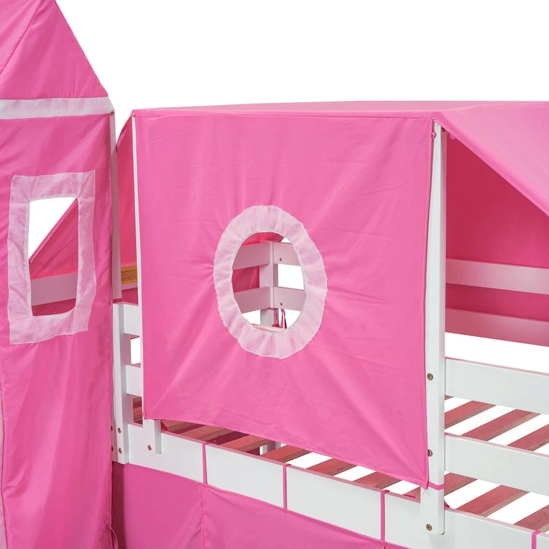 Cama alta de pino de tamaño Twin con escalera, tobogán, tienda, torre y barandilla