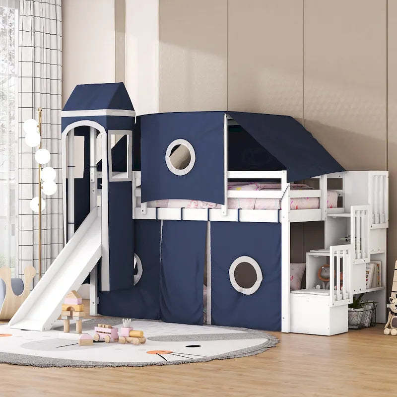 Cama alta de pino de tamaño Twin con escalera, tobogán, tienda, torre y barandilla