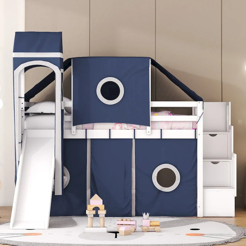 Cama alta de pino de tamaño Twin con escalera, tobogán, tienda, torre y barandilla