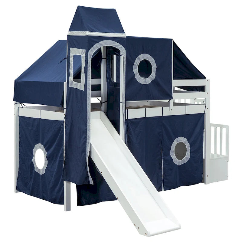 Cama alta de pino de tamaño Twin con escalera, tobogán, tienda, torre y barandilla