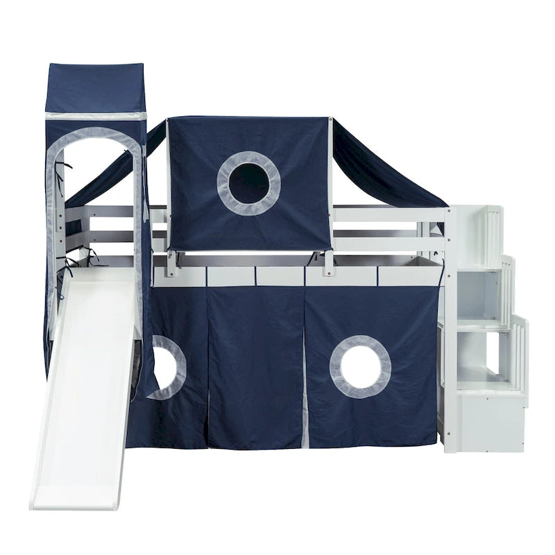 Cama alta de pino de tamaño Twin con escalera, tobogán, tienda, torre y barandilla