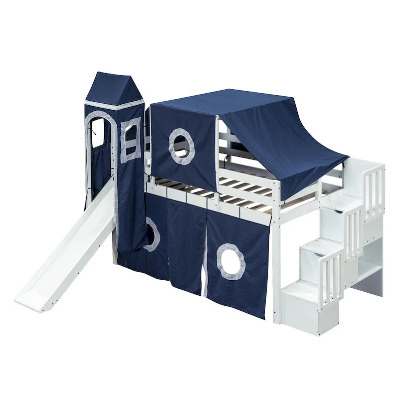 Cama alta de pino de tamaño Twin con escalera, tobogán, tienda, torre y barandilla