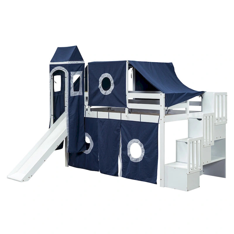 Cama alta de pino de tamaño Twin con escalera, tobogán, tienda, torre y barandilla
