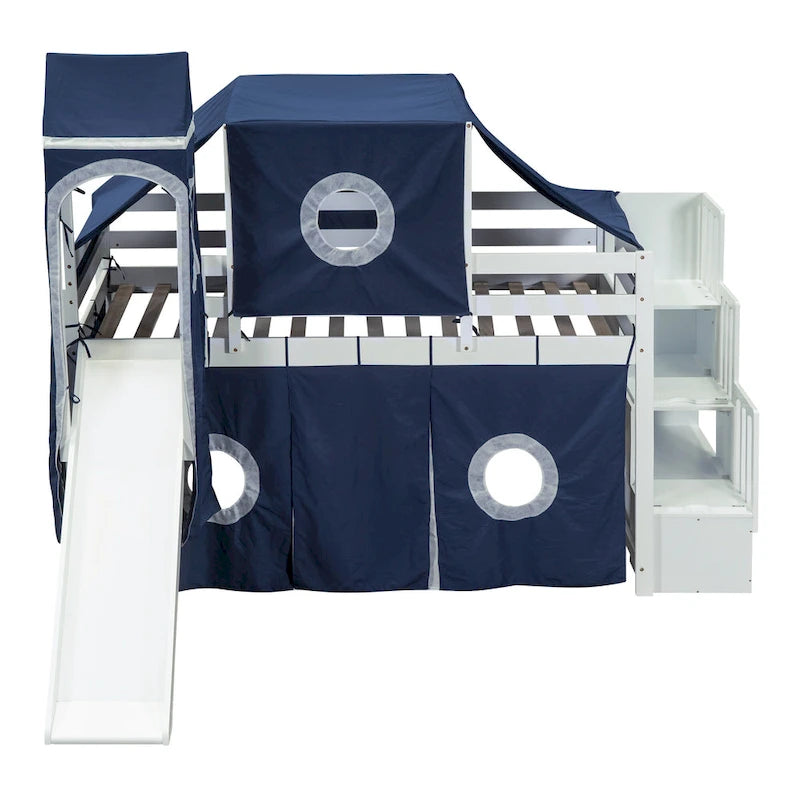 Cama alta de pino de tamaño Twin con escalera, tobogán, tienda, torre y barandilla