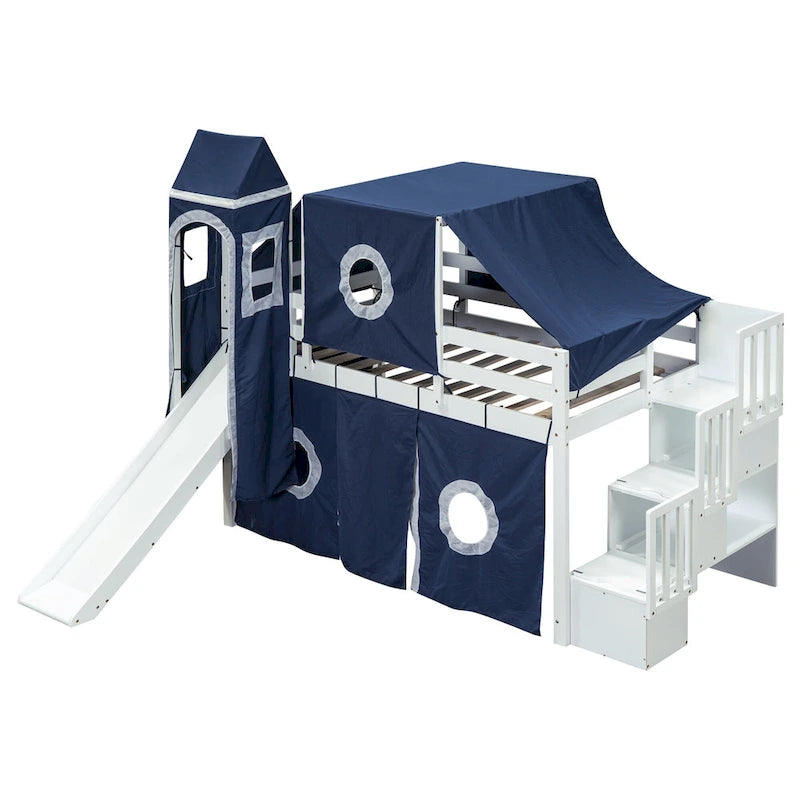 Cama alta de pino de tamaño Twin con escalera, tobogán, tienda, torre y barandilla