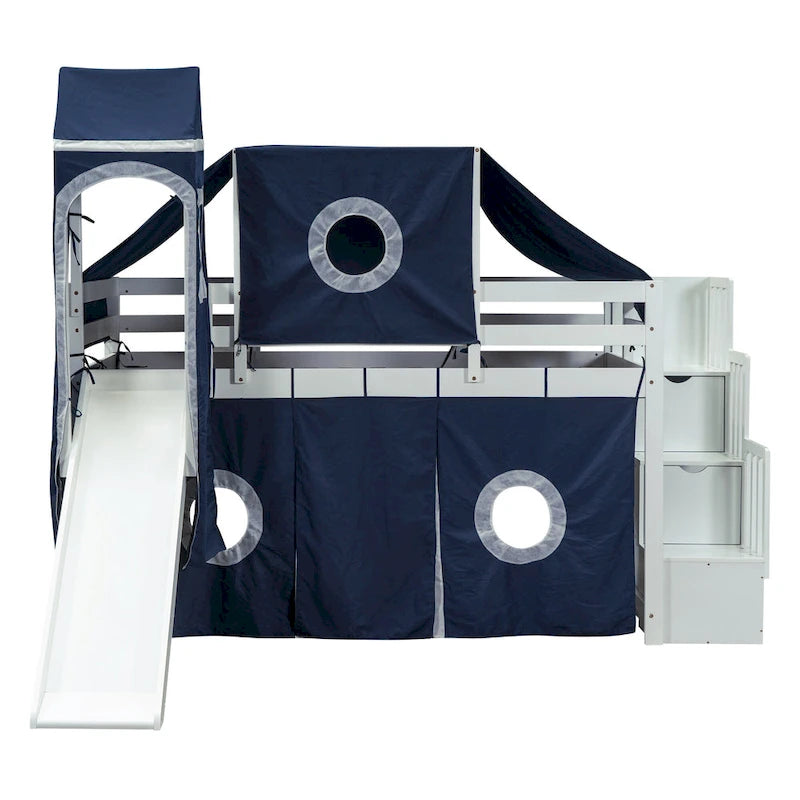 Cama alta de pino de tamaño Twin con escalera, tobogán, tienda, torre y barandilla