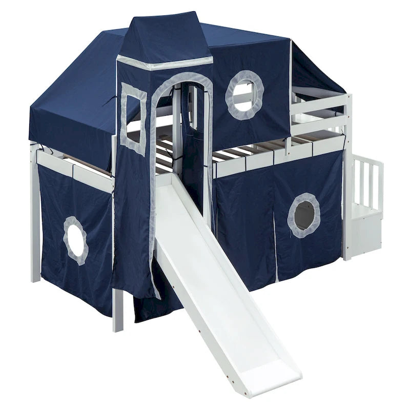 Cama alta de pino de tamaño Twin con escalera, tobogán, tienda, torre y barandilla