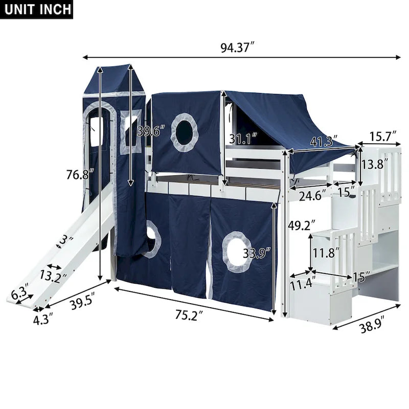 Cama alta de pino de tamaño Twin con escalera, tobogán, tienda, torre y barandilla