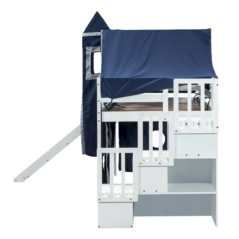 Cama alta de pino de tamaño Twin con escalera, tobogán, tienda, torre y barandilla