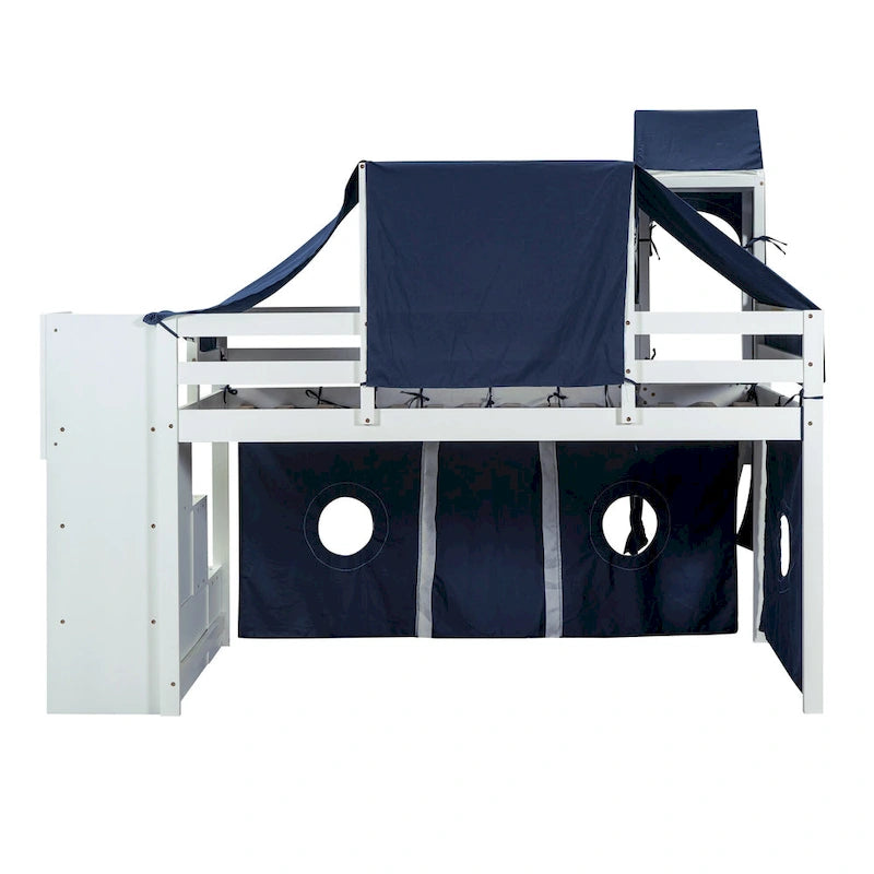 Cama alta de pino de tamaño Twin con escalera, tobogán, tienda, torre y barandilla