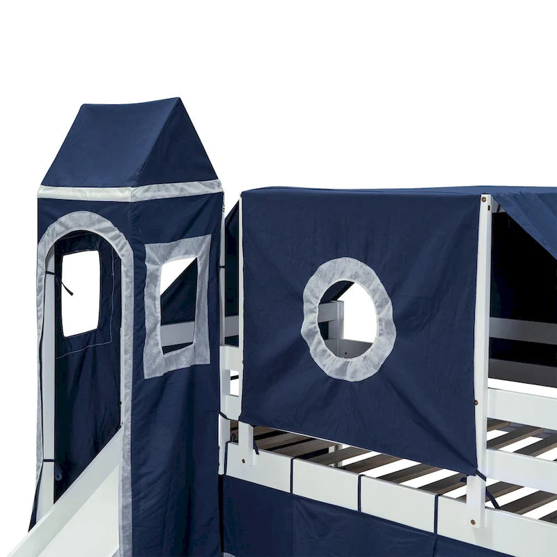 Cama alta de pino de tamaño Twin con escalera, tobogán, tienda, torre y barandilla