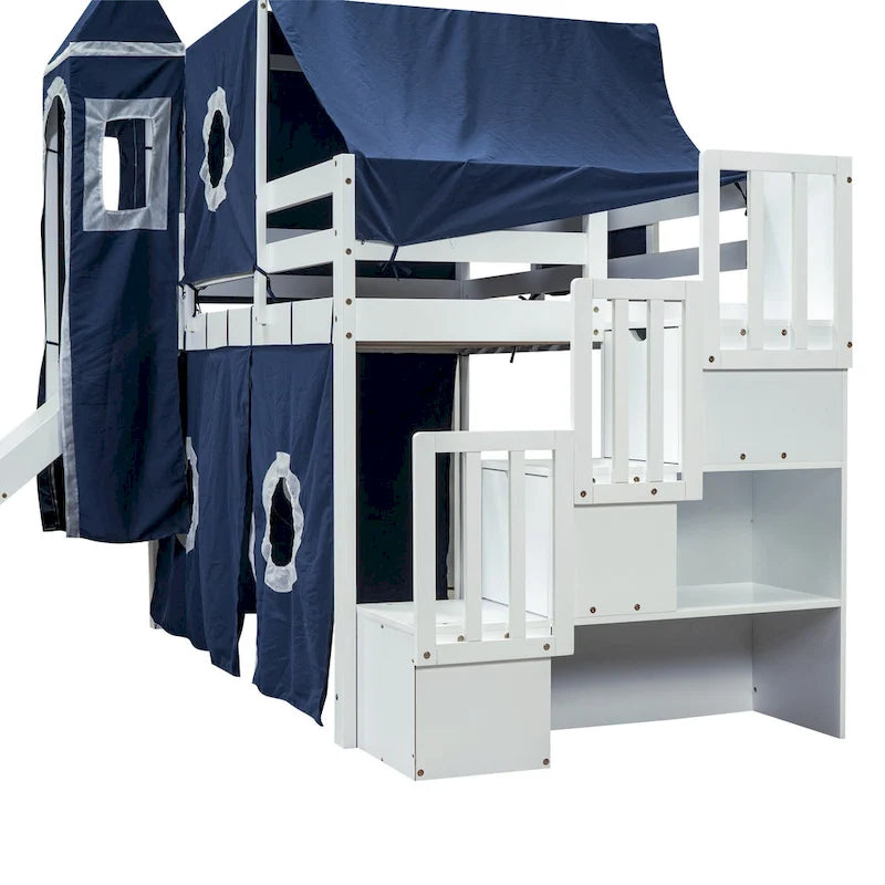 Cama alta de pino de tamaño Twin con escalera, tobogán, tienda, torre y barandilla