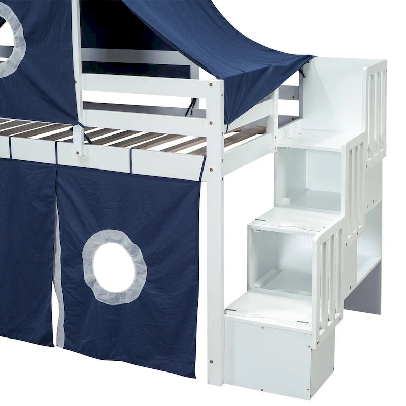Cama alta de pino de tamaño Twin con escalera, tobogán, tienda, torre y barandilla