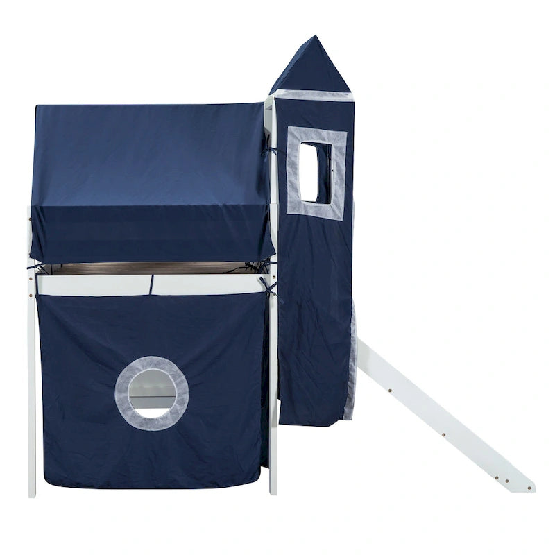 Cama alta de pino de tamaño Twin con escalera, tobogán, tienda, torre y barandilla
