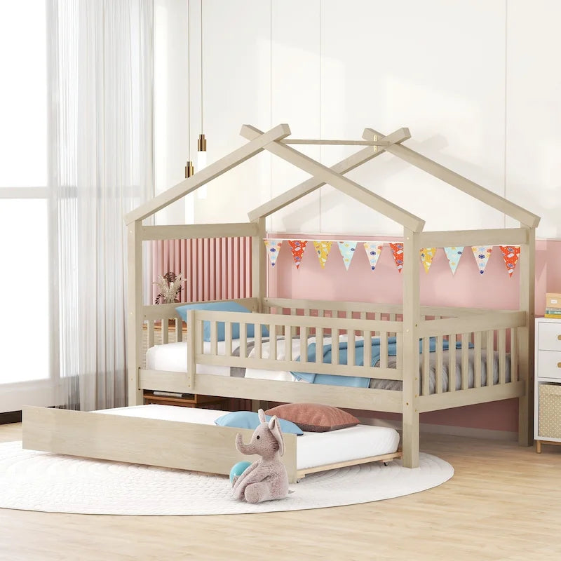 Letto a casetta singolo in pino con letto estraibile singolo