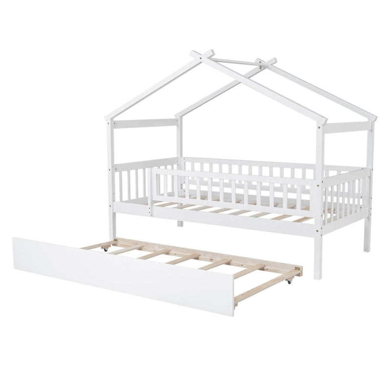 Letto a casetta singolo in pino con letto estraibile singolo