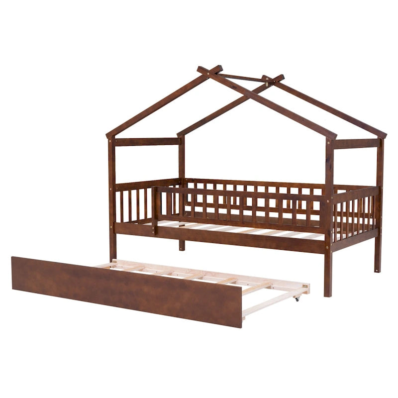 Letto a casetta singolo in pino con letto estraibile singolo