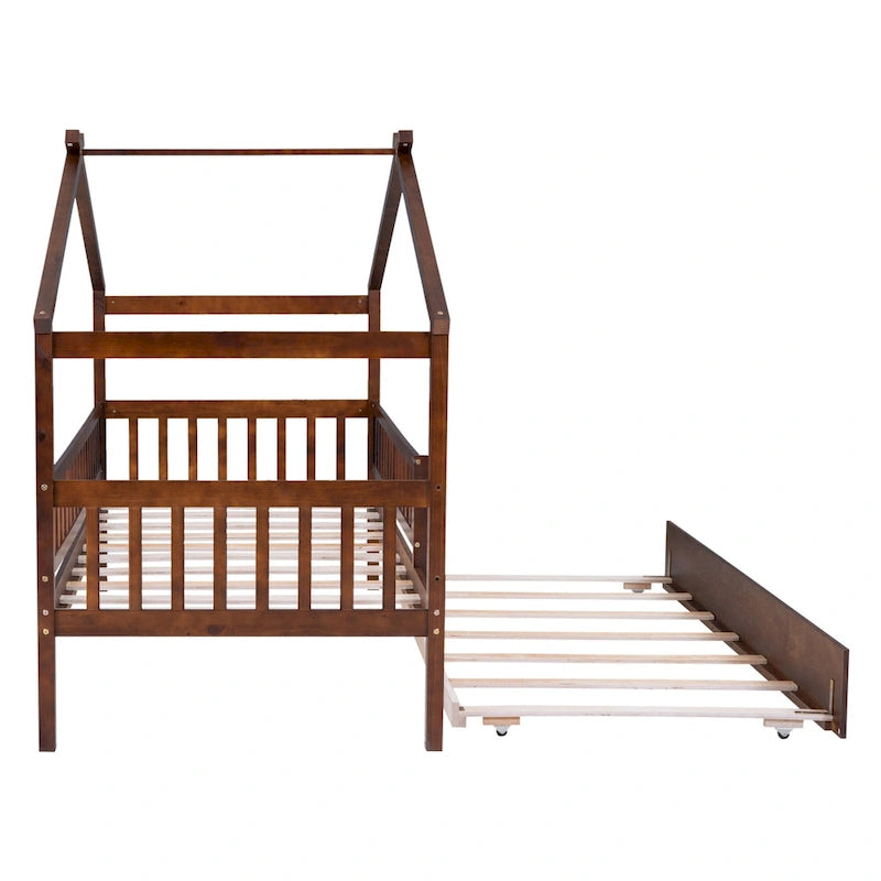 Letto a casetta singolo in pino con letto estraibile singolo