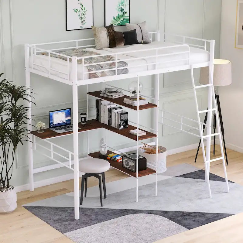 White Twin Low Loft Bed with Ladder and Safety Fence for Children