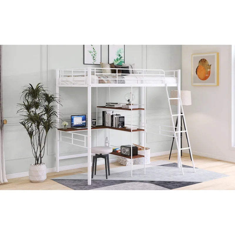 White Twin Low Loft Bed with Ladder and Safety Fence for Children
