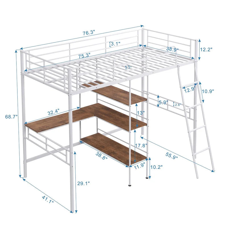 Letto basso a soppalco singolo bianco con scala e barriera di sicurezza per bambini
