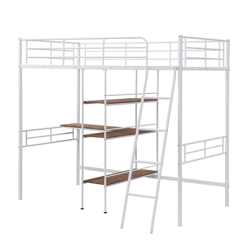 Letto basso a soppalco singolo bianco con scala e barriera di sicurezza per bambini