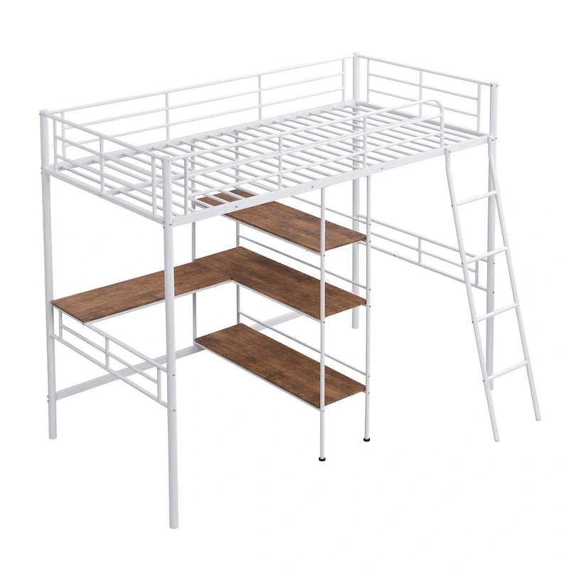 Letto basso a soppalco singolo bianco con scala e barriera di sicurezza per bambini