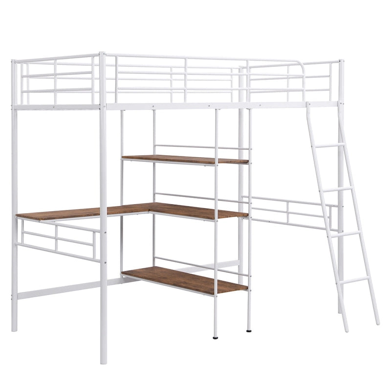 Letto basso a soppalco singolo bianco con scala e barriera di sicurezza per bambini