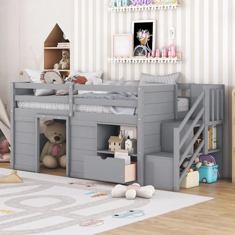 Gray Twin Wood Loft Bed with Storage Shelves, Drawers, and Desk