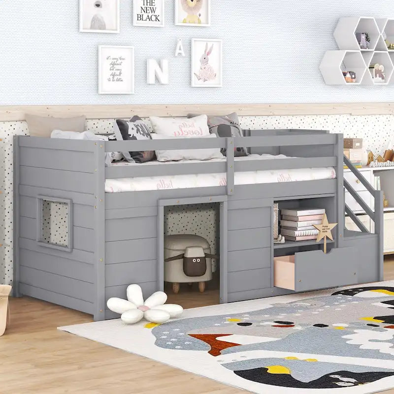Gray Twin Wood Loft Bed with Storage Shelves, Drawers, and Desk