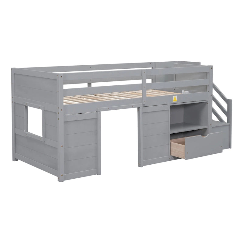 Gray Twin Wood Loft Bed with Storage Shelves, Drawers, and Desk