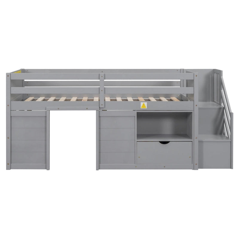 Gray Twin Wood Loft Bed with Storage Shelves, Drawers, and Desk