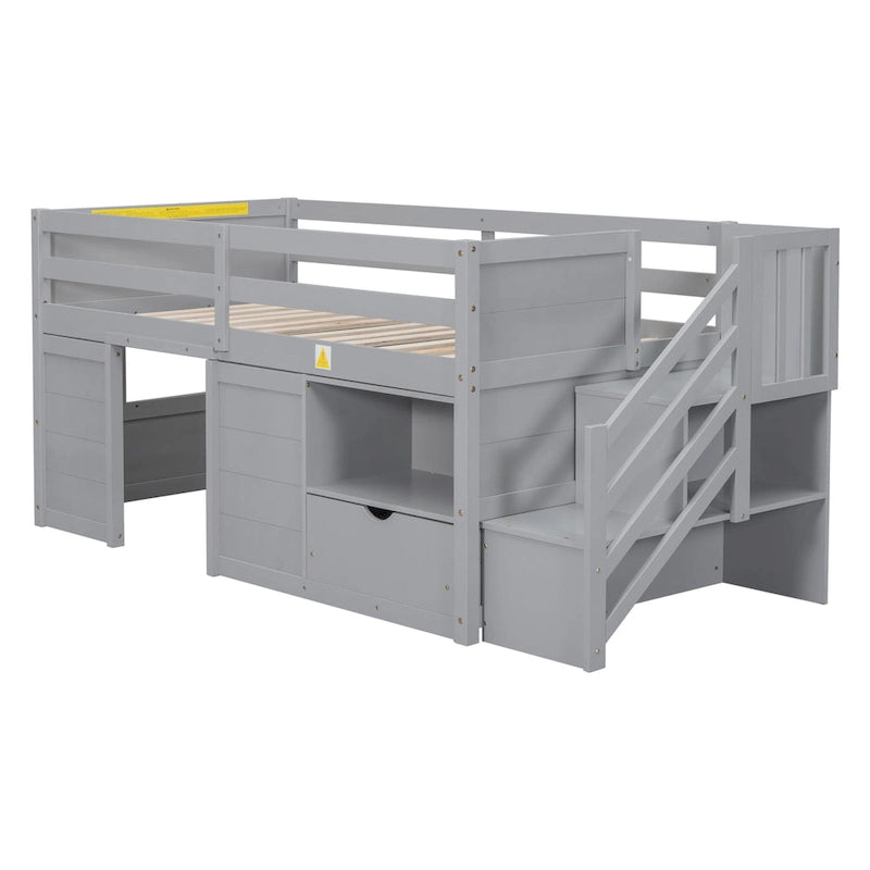 Gray Twin Wood Loft Bed with Storage Shelves, Drawers, and Desk