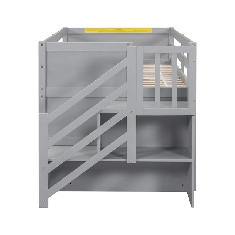 Letto soppalcato singolo in legno grigio con ripiani portaoggetti, cassetti e scrivania