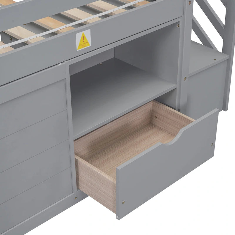 Letto soppalcato singolo in legno grigio con ripiani portaoggetti, cassetti e scrivania