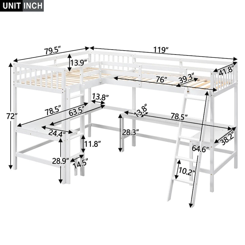 Twin L-Shaped Loft Bed with Desks