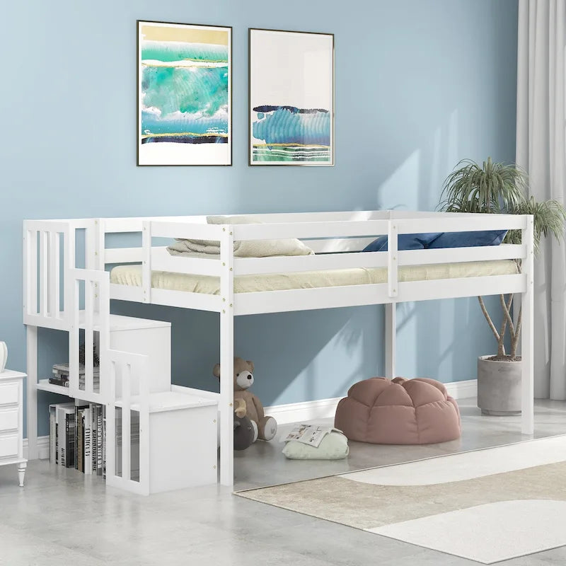 Twin Size Pine Wood Loft Bed with Staircase and Fence