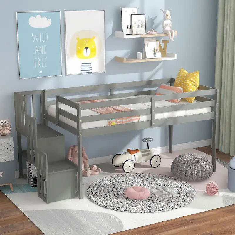 Twin Size Pine Wood Loft Bed with Staircase and Fence